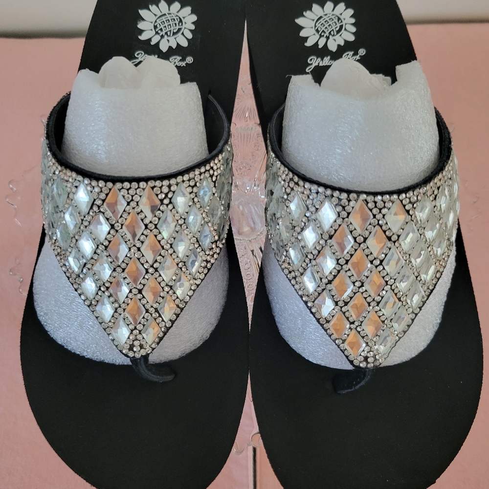 Yellow Box leather flip flops with clear crystals US Size 8.5 m. "Perri"